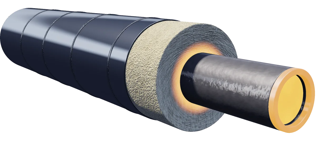 Coupe d’une conduite de vapeur isolée : tube acier chaud, coquille de laine de roche et tôle de bardage en aluminium avec feuillards